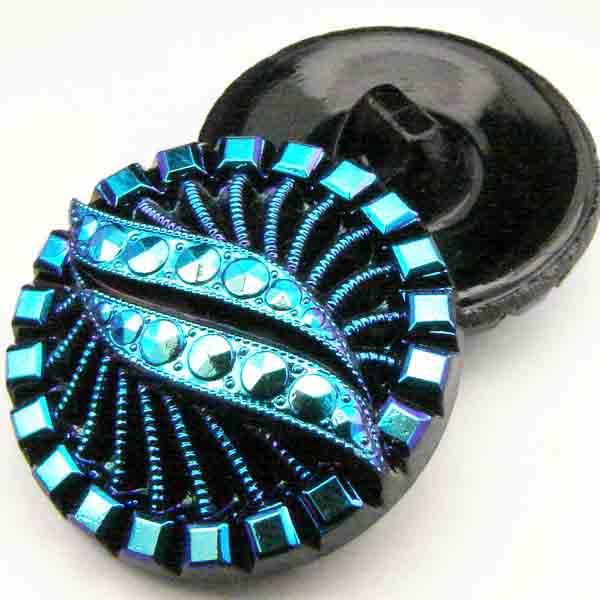 Blue Iris Spiral Textured Vintage Czech Glass Button