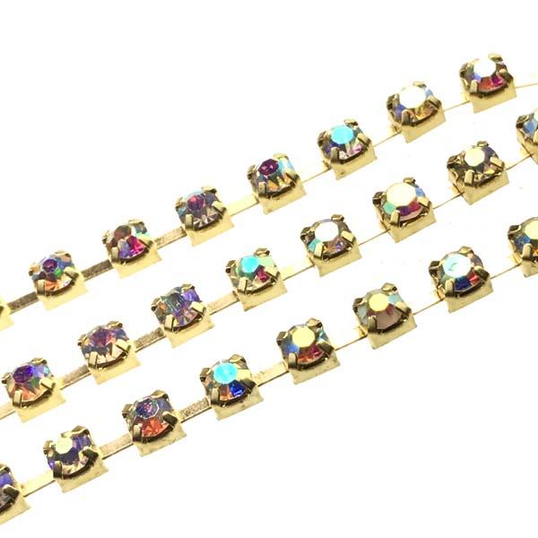 Crystal AB With Gold Plate 3MM Rhinestone Cup Chain