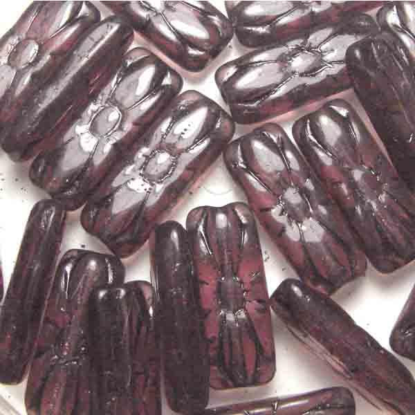 Dark Amethyst 20X8MM Flattened Rectangle With Antiqued Floral Detail