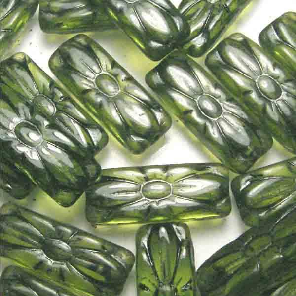 Dark Olivene 20X8MM Flattened Rectangle With Antiqued Floral Detail