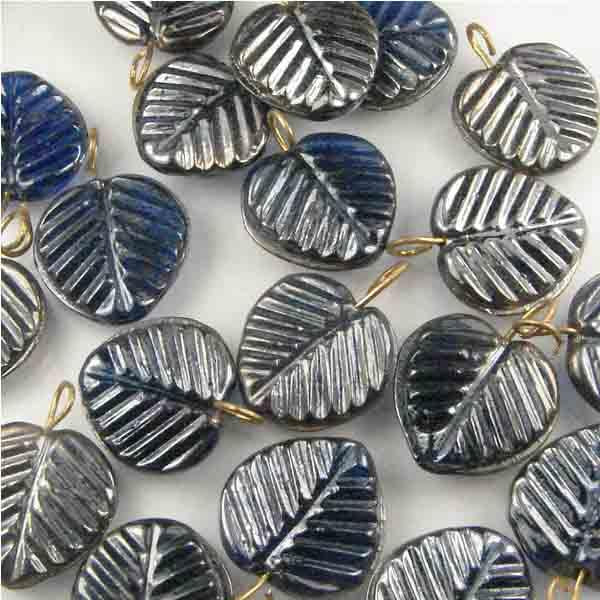 Dark Sapphire Lustre 16x11MM Leaf With Brass Hanging Loop