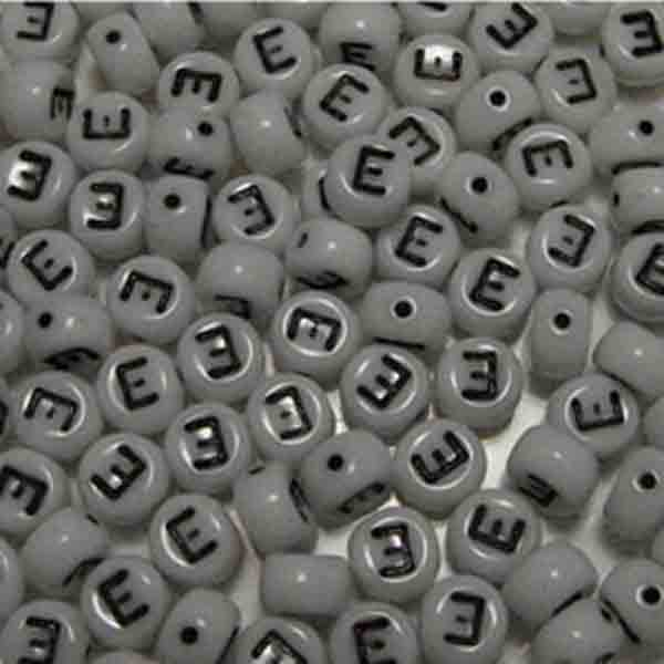 E White With Black 6x4MM Letter Alphabet Bead