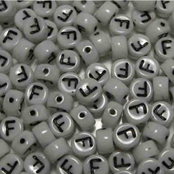 F White With Black 6x4MM Letter Alphabet Bead