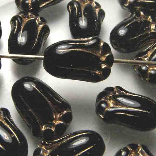 Glossy Jet with Gold 12X7MM Tulip Bead