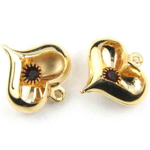 Gold Plate 17X16MM Heart With Ruby Rhinestone