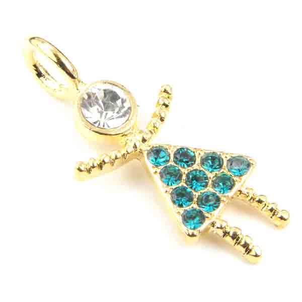 Gold Plate Stick Doll With Blue Zircon Rhinestones 30X13MM