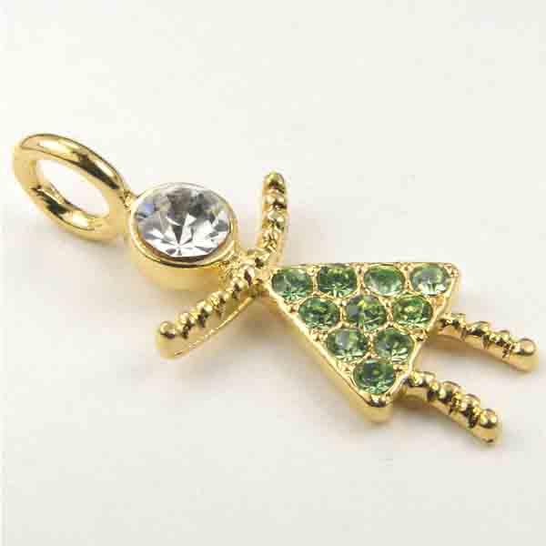 Gold Plate Stick Doll With Peridot Rhinestones 30X13MM