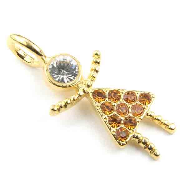 Gold Plate Stick Doll With Topaz Rhinestones 30X13MM
