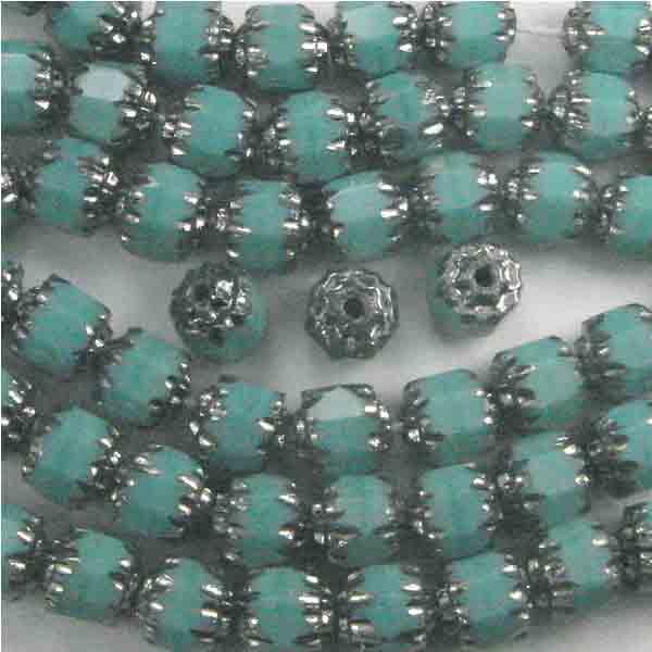 Green Turquoise With Silver Ends 6MM Fire Polish Cathedral Bead