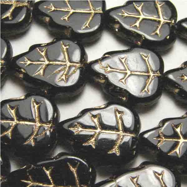 Jet 12x10MM Veined Leaf With Gold Detail