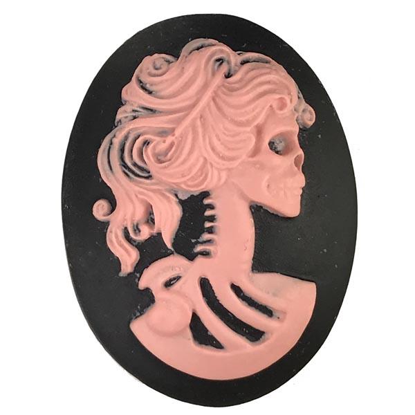 Jet Black with Pink 40x30MM Lady Skeleton Cameo