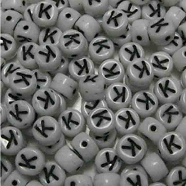 K White With Black 6x4MM Letter Alphabet Bead