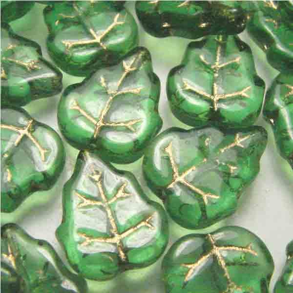 Kelly Green 12x10MM Veined Leaf With Gold Detail