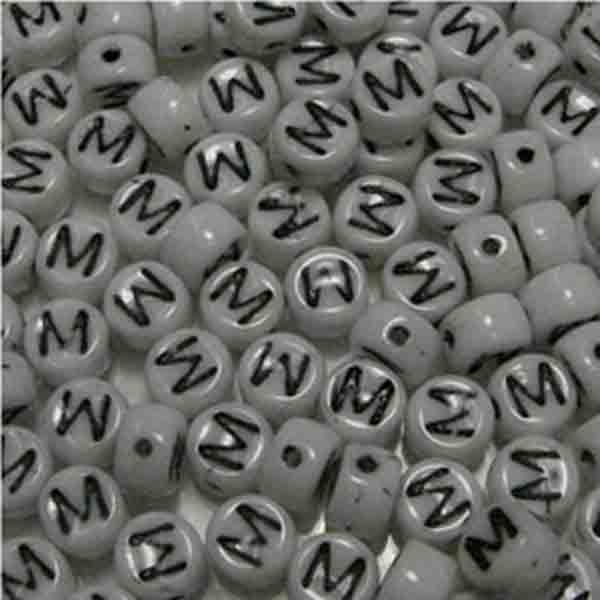 M White With Black 6x4MM Letter Alphabet Bead