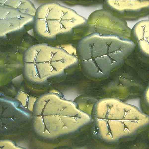 Matte Olivine AB 12x10MM Veined Leaf