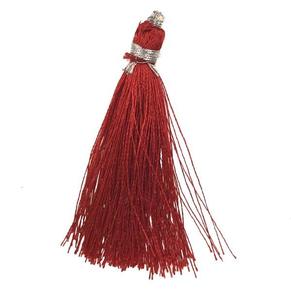 Red 2 1/8 Inch Silk Tassel With Silver Thread Detail