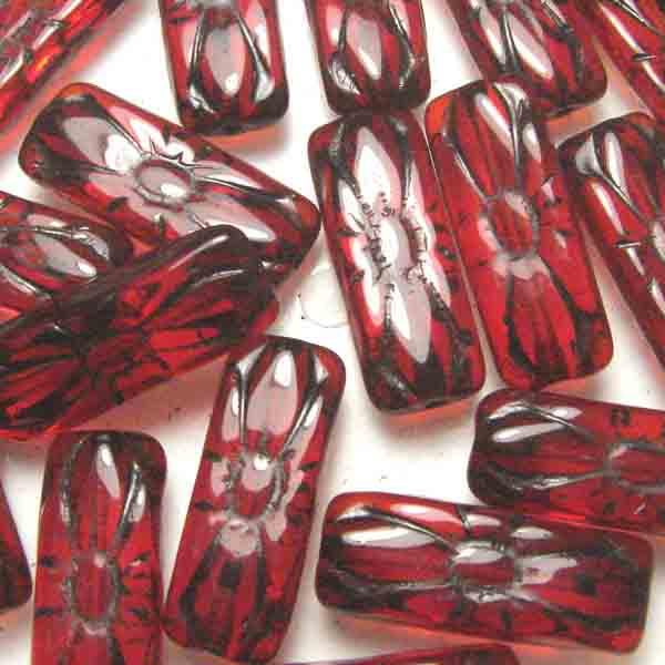 Ruby 20X8MM Flattened Rectangle With Antiqued Floral Detail