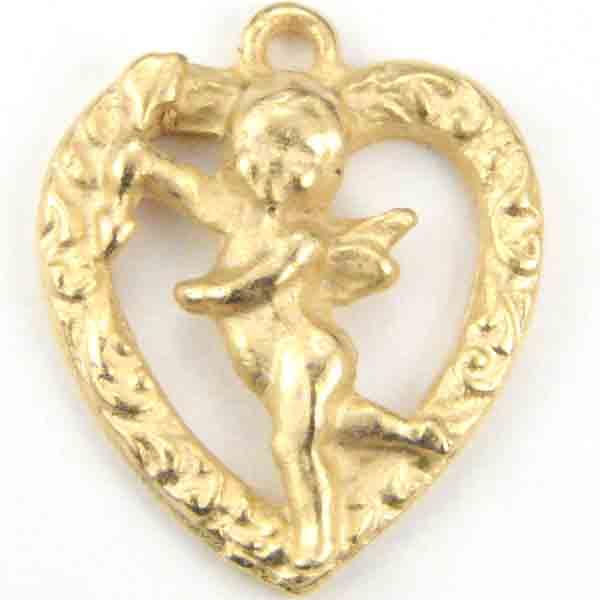 Satin Gold Plate 13MM Left Facing Cherub in Detailed Heart