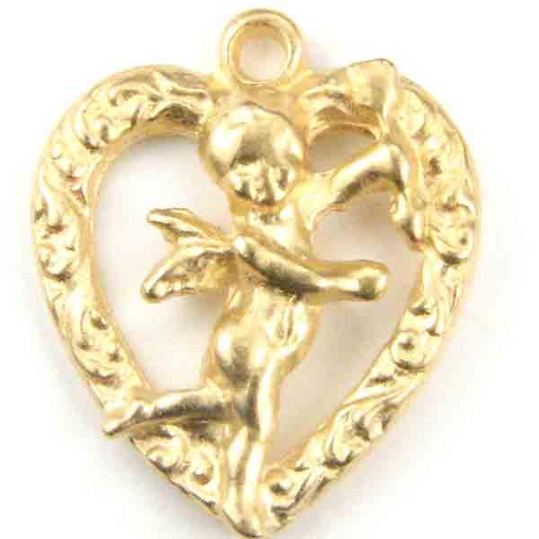 Satin Gold Plate 13MM Right Facing Cherub in Detailed Heart