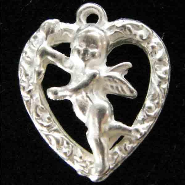 Satin Silver Plate 13MM Left Facing Cherub in Detailed Heart
