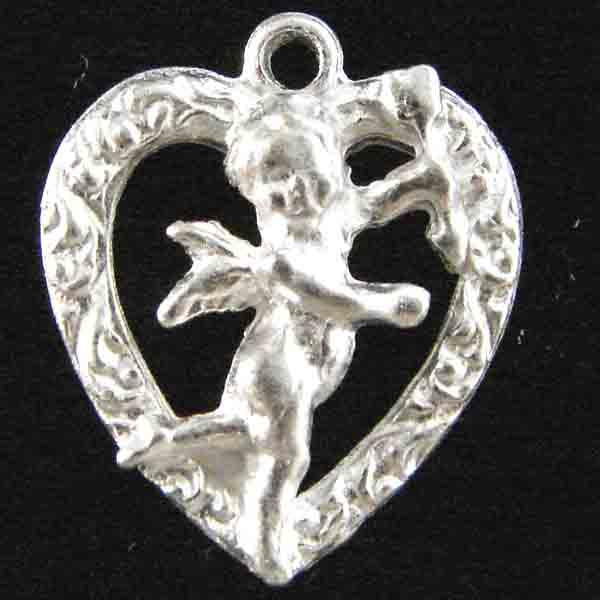Satin Silver Plate 13MM Right Facing Cherub in Detailed Heart