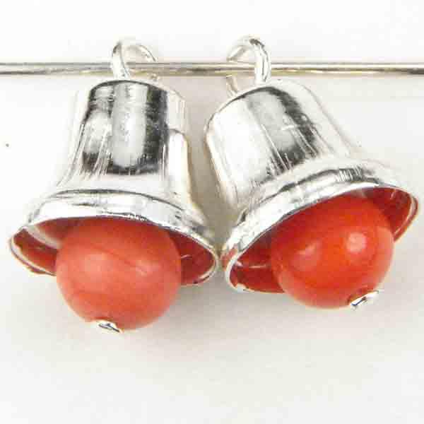 Silver Plate 12x10MM Bell With 6MM Orange Coral Glass Clapper