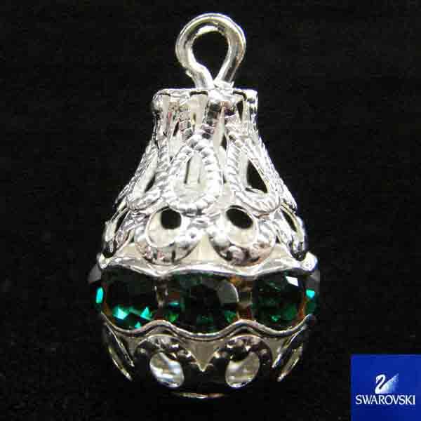 Silver Plate 18X12MM Filigree Tear with Emerald Swarovski Rhinestone Band