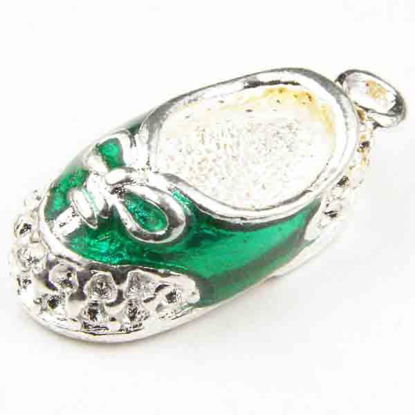 Silver Plate with Emerald 20x11MM Laced Baby Shoe