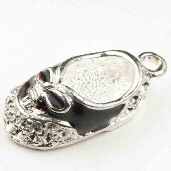 Silver Plate with Jet 20x11MM Laced Baby Shoe