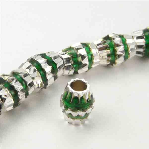 Silver With Green Rhinestone 6MM Die Cut Bicone