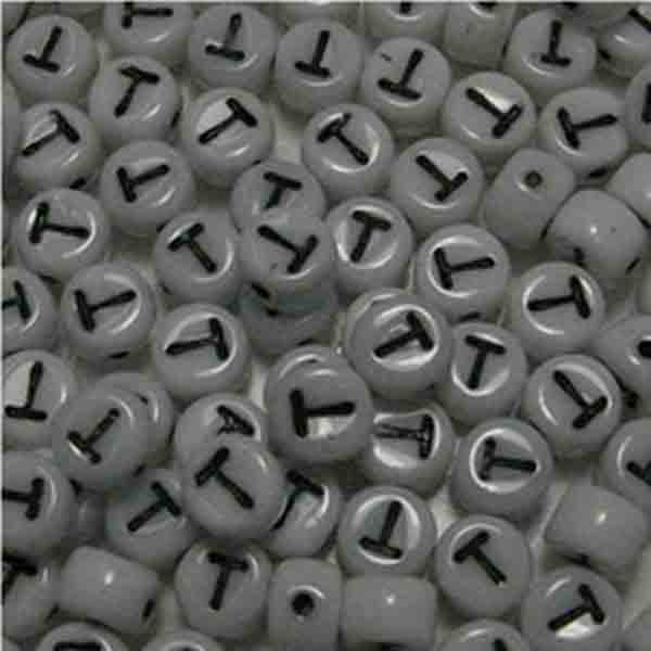 T White With Black 6x4MM Letter Alphabet Bead
