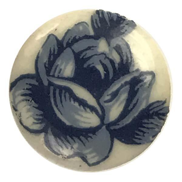 Vintage 13MM Round Ivory Cabochon With Dark Blue Floral Detail