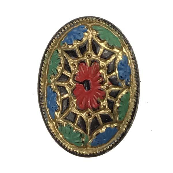 Vintage 14x10MM Jet Cabochon With Green, Blue, Red and Gold Detail