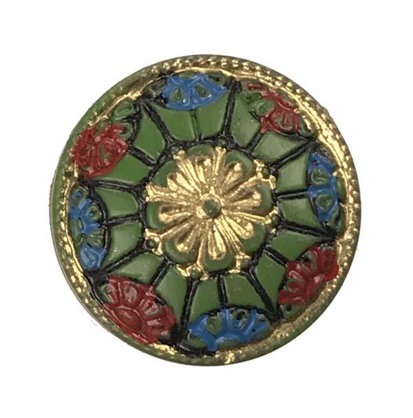Vintage 15MM Green Cabochon With Red, Blue and Gold Detial