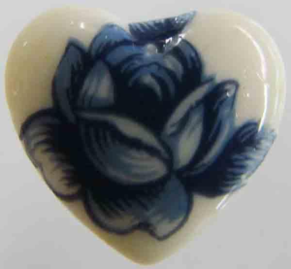 Vintage 15x14MM Ivory Heart Cabochon With Dark Blue Floral Detail