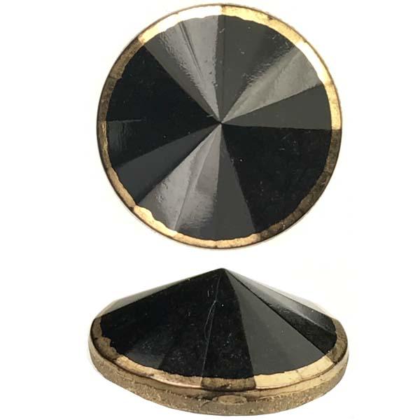 Vintage 18MM Faceted Jet Cabochon With A Pointed Center And Gold Rim