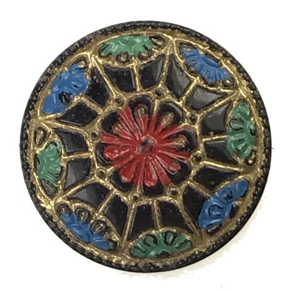 Vintage 18MM Jet Cabochon With Green, Blue, Red and Gold Detail