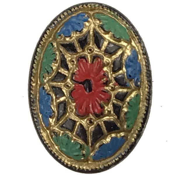 Vintage 18x13MM Jet Cabochon With Green, Blue, Red and Gold Detail