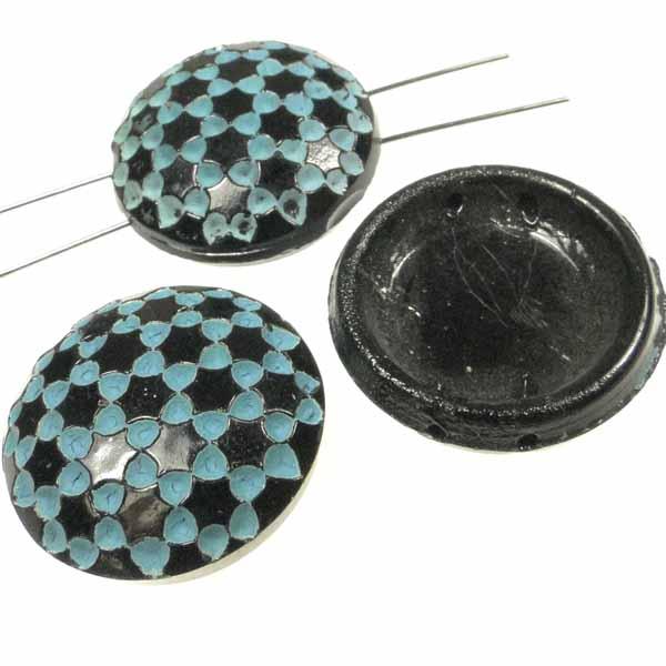 Vintage 22MM Jet and Turqoise Round 2 hole Spacer Bead