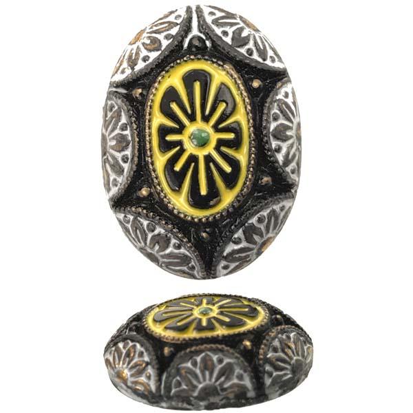 Vintage 28x18MM Jet Cabochon With White, Yellow and Gold Detail