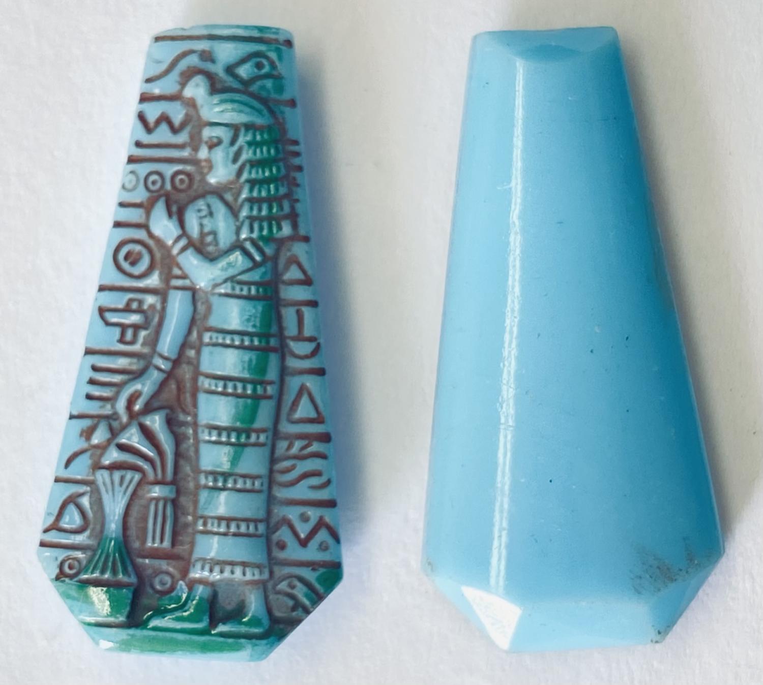 Vintage 29x14MM Blue Turquoise Glass Stone With Rust and Green Egyptian Motif