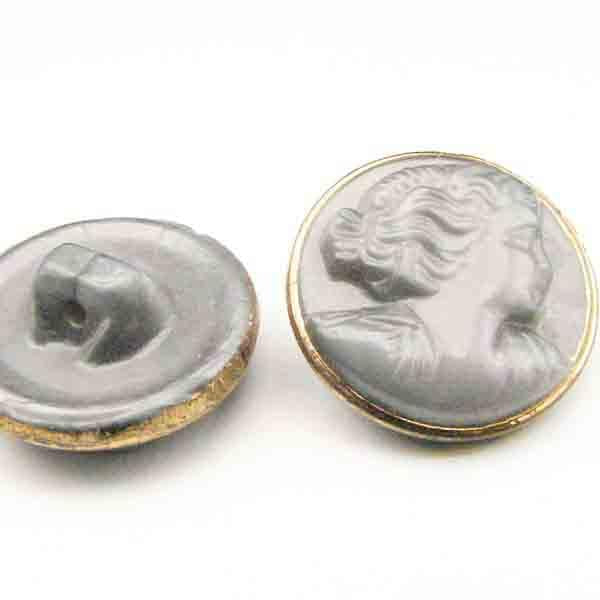 Vintage Czech 13MM Grey Cameo Button With Gold Rim