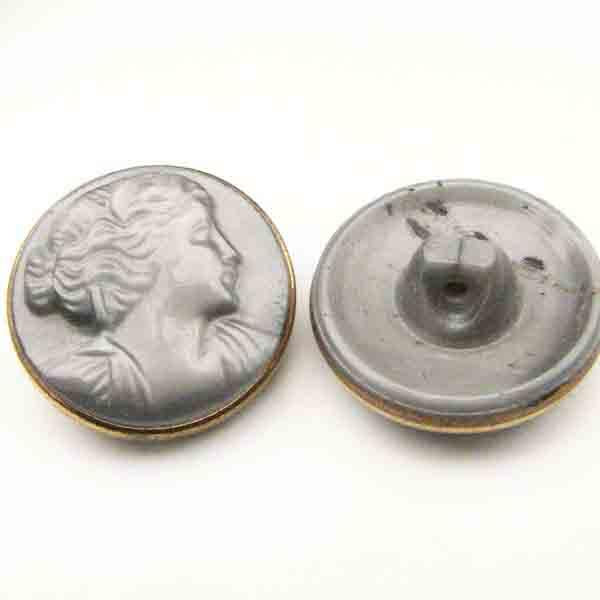 Vintage Czech 18MM Grey Cameo Button With Gold Rim