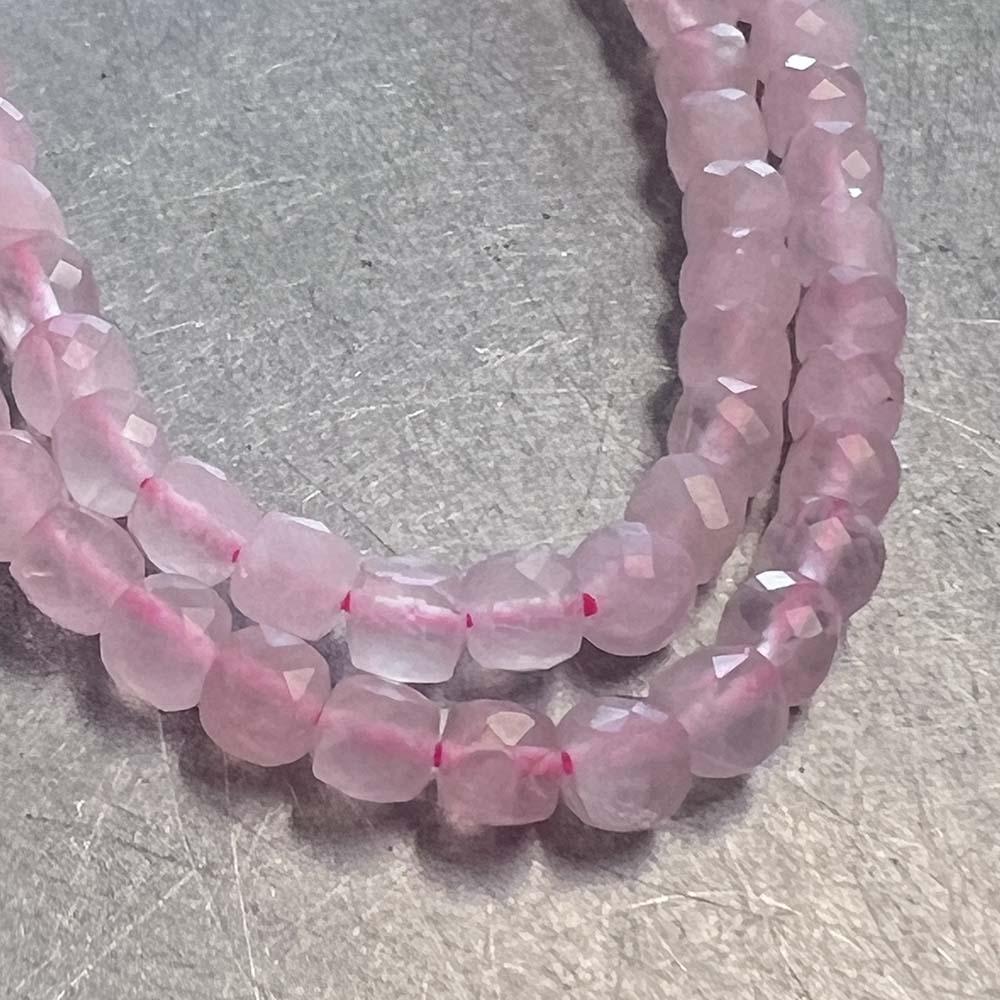 4MM Facetted Cube Rose Quartz Strand
