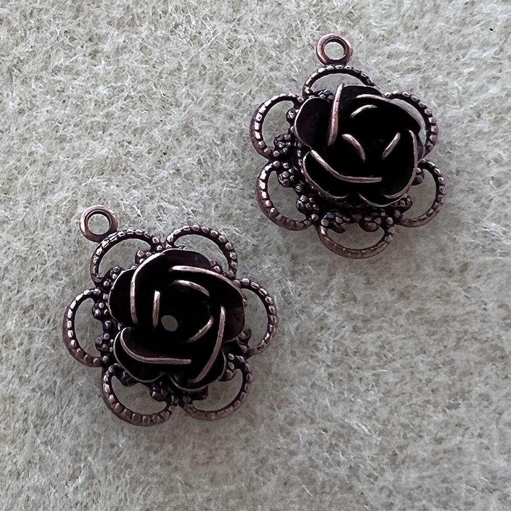 Antique Copper Plate 14x11MM Rose With Filigree Backing