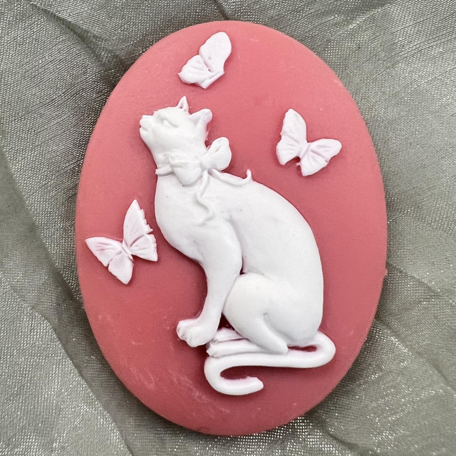 Coral With White Cat and Butterlies 40X30MM Cameo