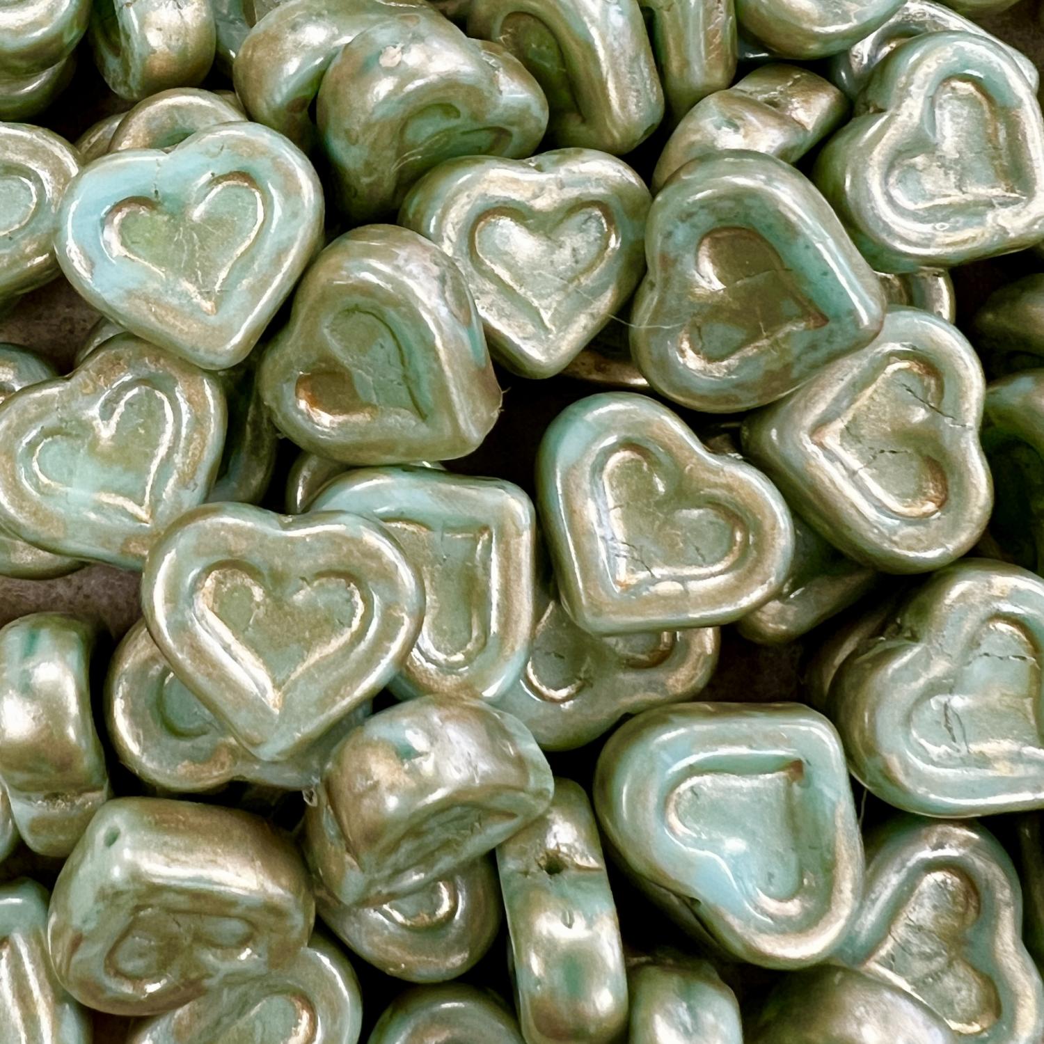 Gold Stained Green Turquoise 13MM Heart