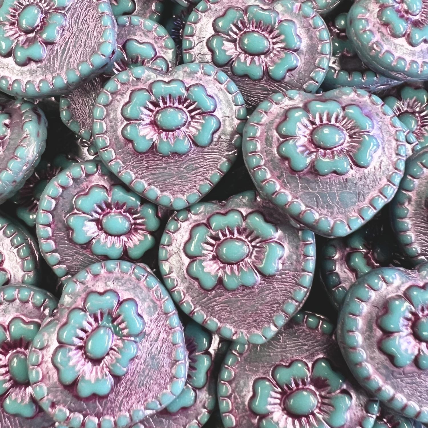 Green Turquoise With Metallic Orchid Accent 18MM Heart With Flower