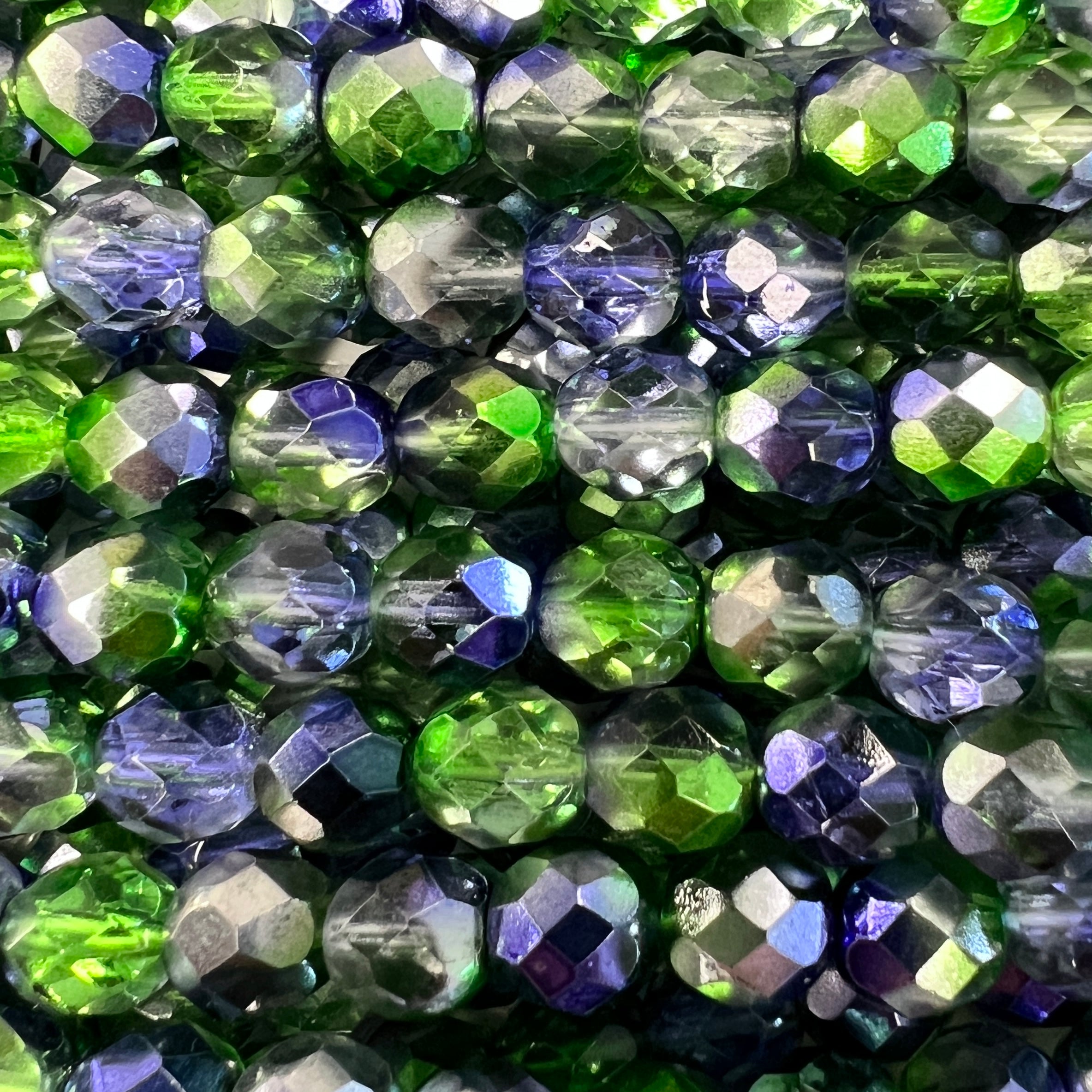 Metallic Peridot, Purple and Silver 8MM Fire Polish Ball