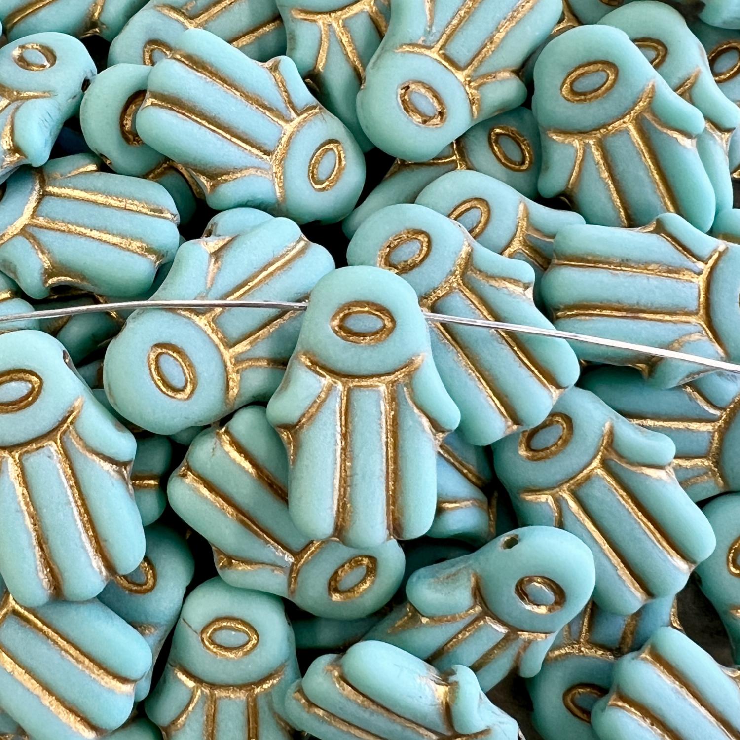 Matte Green Turquoise With Gold Hamsa 20x14MM